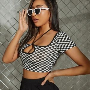 Plaid Print Peekaboo Front Contrast Binding Crop Tee NWT XL